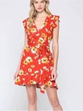 Fate Red Floral Wrap Mini Dress with Ruffle Sleeve